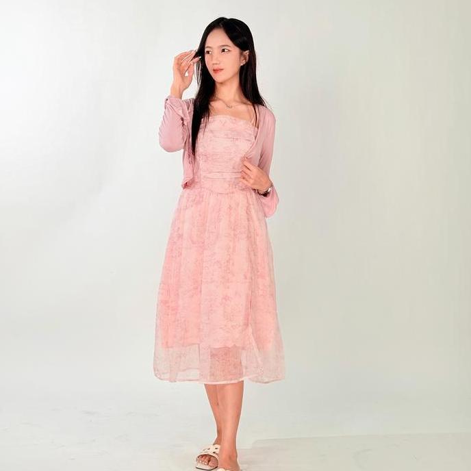 OARINAX LUMI-Dress Cantik Motif Marble Soft Lilac + Cardigan Rajut Tipis Setelan Wanita Elegan & Fem