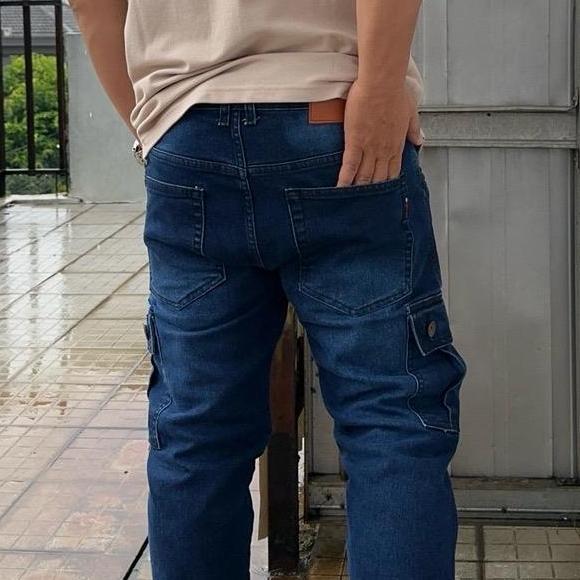 Celana cargo jeans slim fit biowosh gelap pria