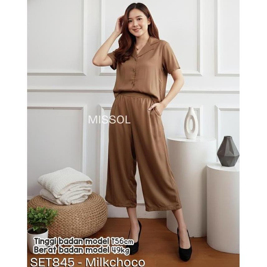 SET845 setelan rayon casual polos Missol Setelan Kemeja dan Celana Wanita