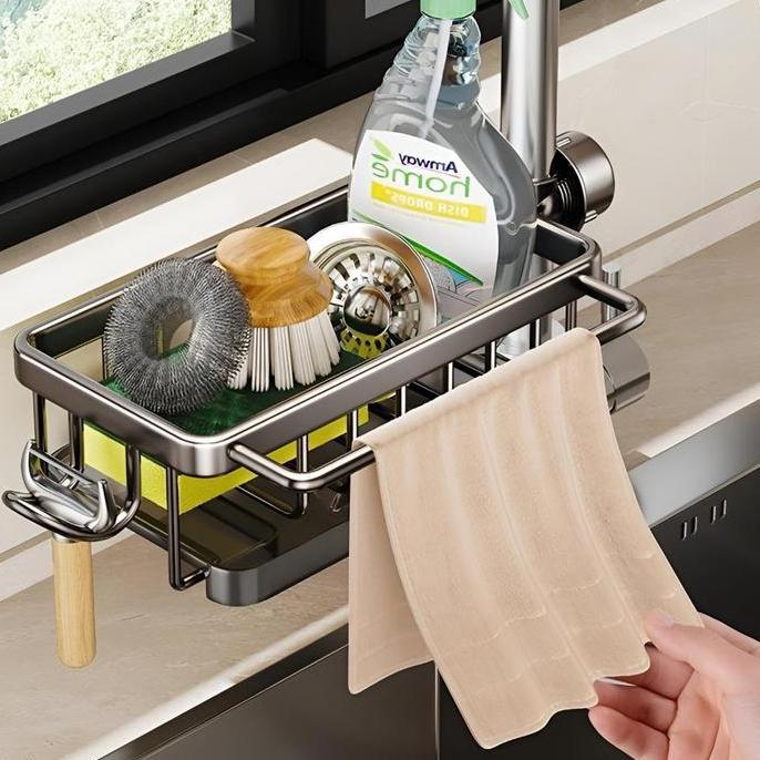 Rak Organizer Wastafel Dapur Tempat Sabun Spons Rak Aluminium Penyimpanan Tempat Kain Pencuci Piring