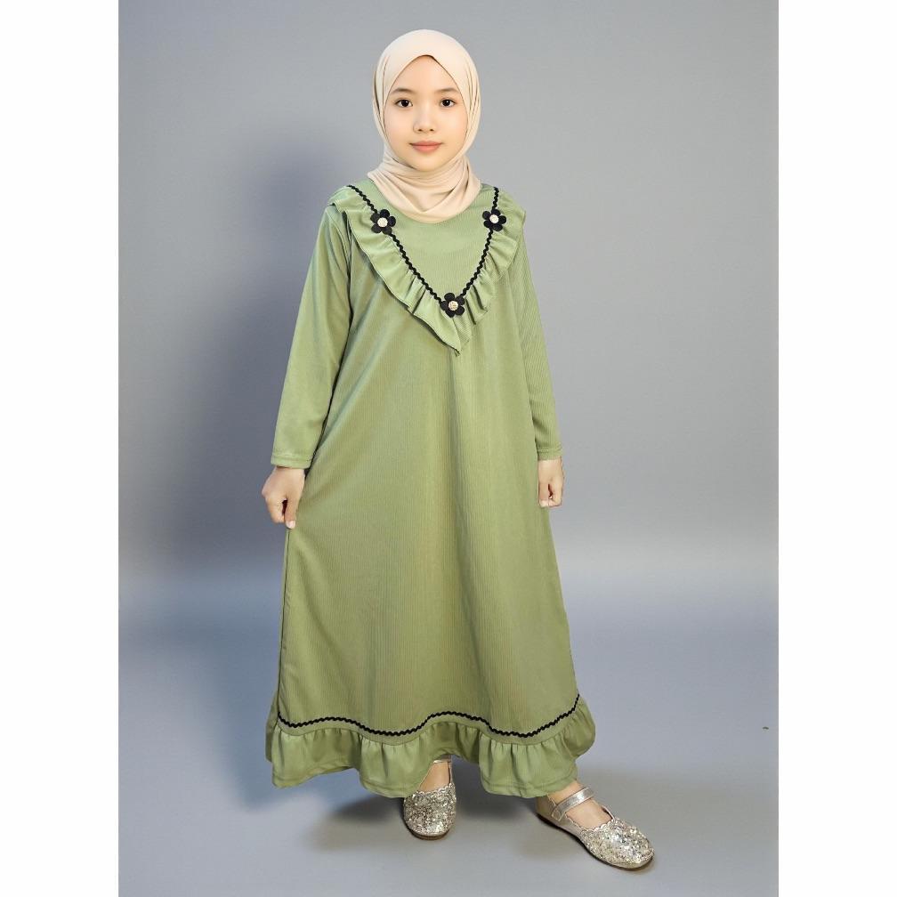 Gamis Anak Perempuan - Gamis Anak Perempuan Nabila Bahan Knit Tempelan Bunga Renda Gogofashion 900