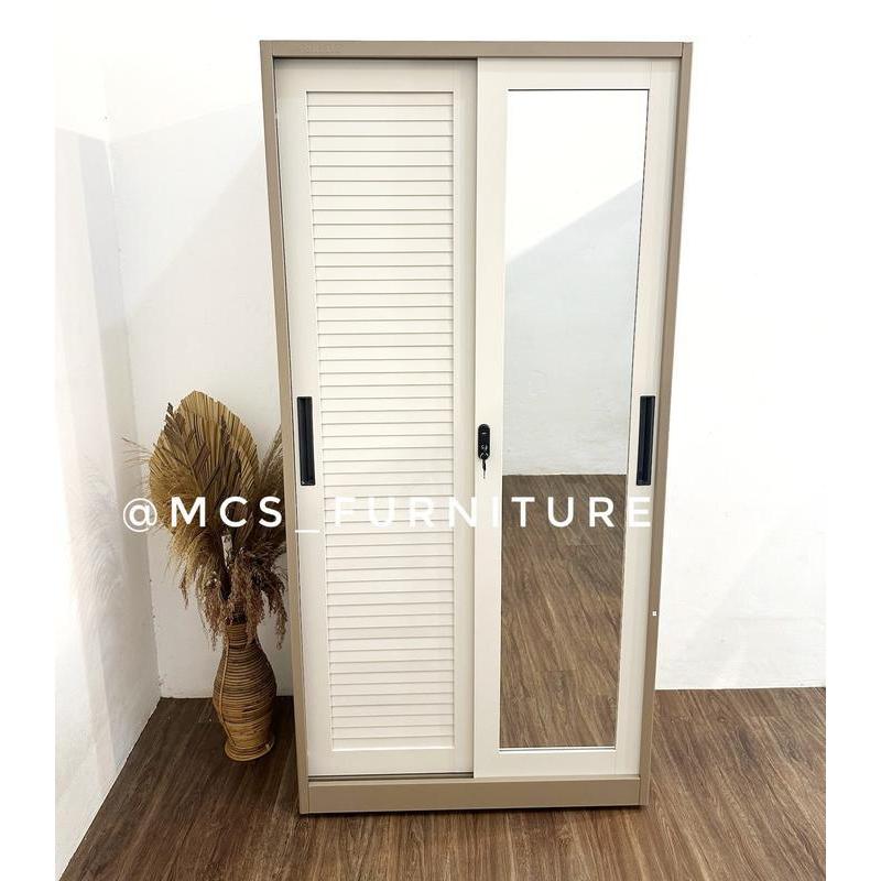 Lemari Sliding Besi 90 cm Pakaian Baju Garis Marble Furniture Semarang