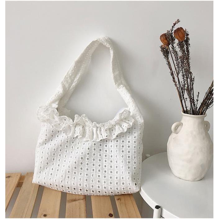 TC-40 tas kain kerut renda putih wanita import jepang shoulder bag