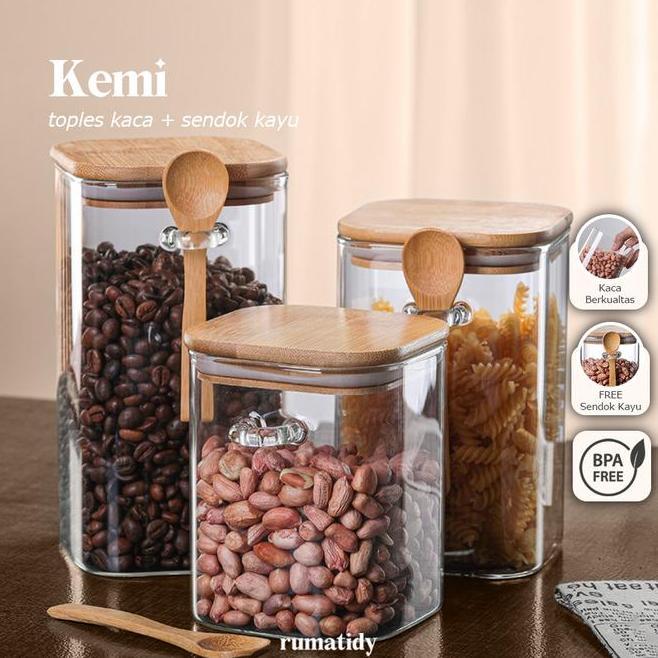 Satuan Kemi Toples Kaca Free Sendok Kayu Dengan Tutup Kayu