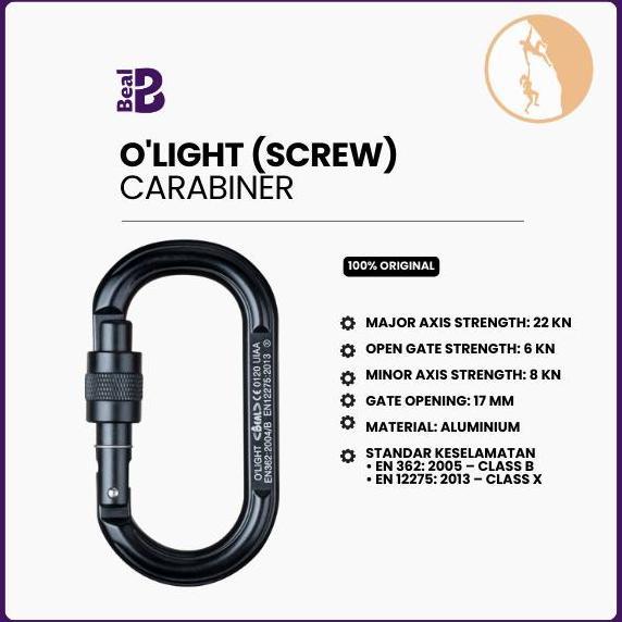 CUCI GUDANG - Karabiner Panjat Tebing - Beal O'light (Screw) Black / Oval Aluminium Carabiner