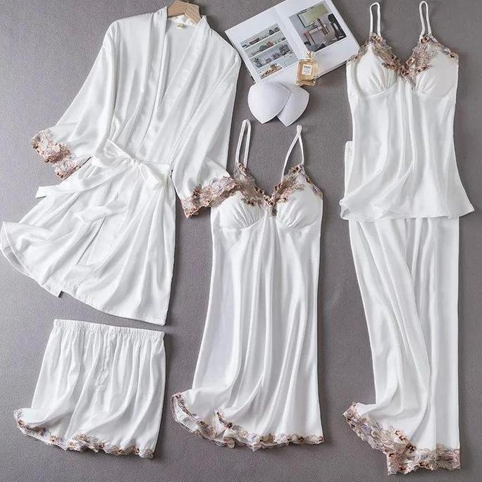 Piyama Set Baju Tidur Bs-7799 Kimono 5 In1 Wanita Sexy Baju Rumah Sleepwear Satin Premium Black Miau