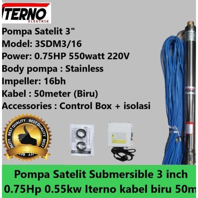 Pompa Satelit Submersible 3 Inch 0.75Hp 0.55Kw Iterno Kabel Biru 50M