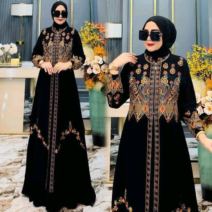 New Gamis Abaya Hitam Elegan Dengan Bordiran Motif Unik Untuk Tampilan Mewah Dan Modis Gamis Lebaran