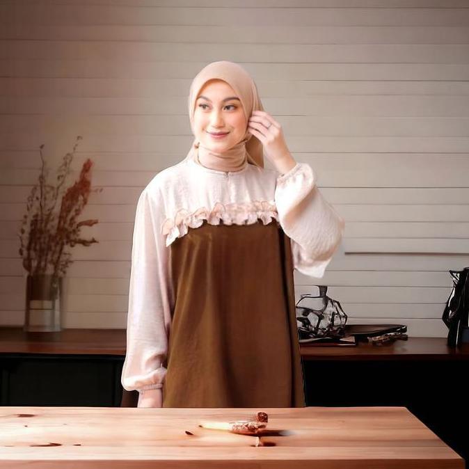 One Set Tunik Setelan Crinkle Kombinasi Santorini Tangan Panjang Tunik Kekinian Simmer Rempel Bagian