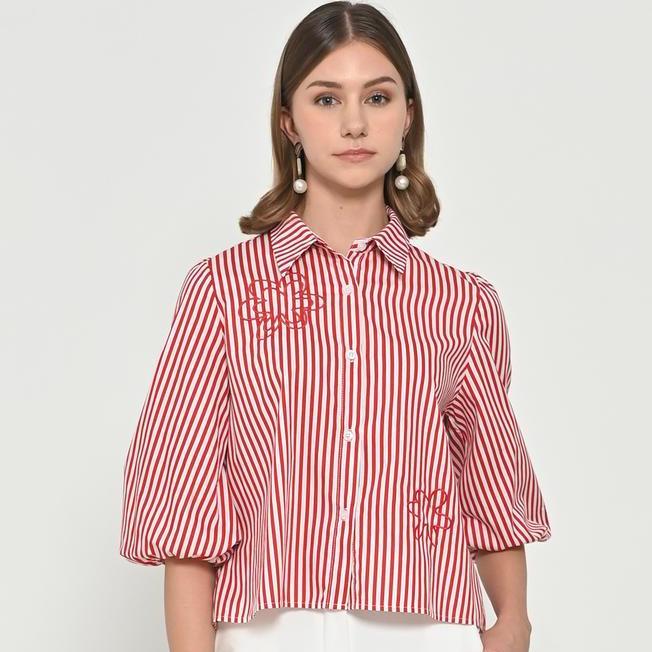 Neu Mor Striped Neu Mor Striped Floral A819 Red Embroidered Shirt -