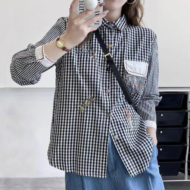 Blus Kemeja Katun Blus Kemeja Katun Premium Putih Hitam Kotak Biru Bordir Bunga