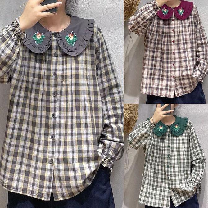 Blus Katun Linen Blus Katun Linen Wanita Ungu Hijau Kotak Kerah Collar Bulat