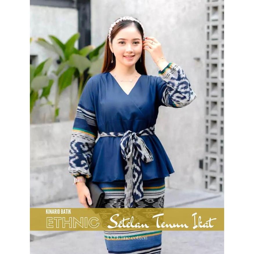 Batik Tenun Wanita Batik Tenun Wanita Kinario Blue Grey Setelan Ikat Motif Toraja