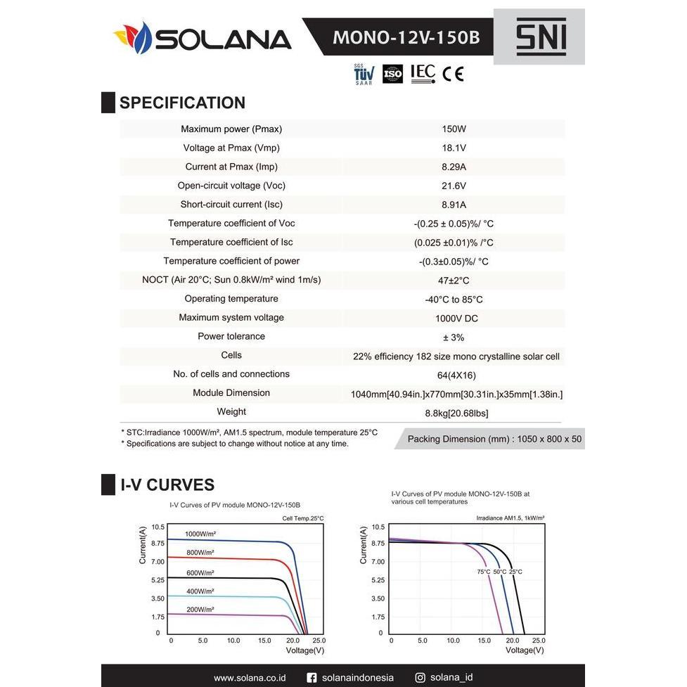 SOLANA SOLAR CELL/PANEL SURYA/SOLAR PANEL MONOCRYSTALLINE 12V 150WP