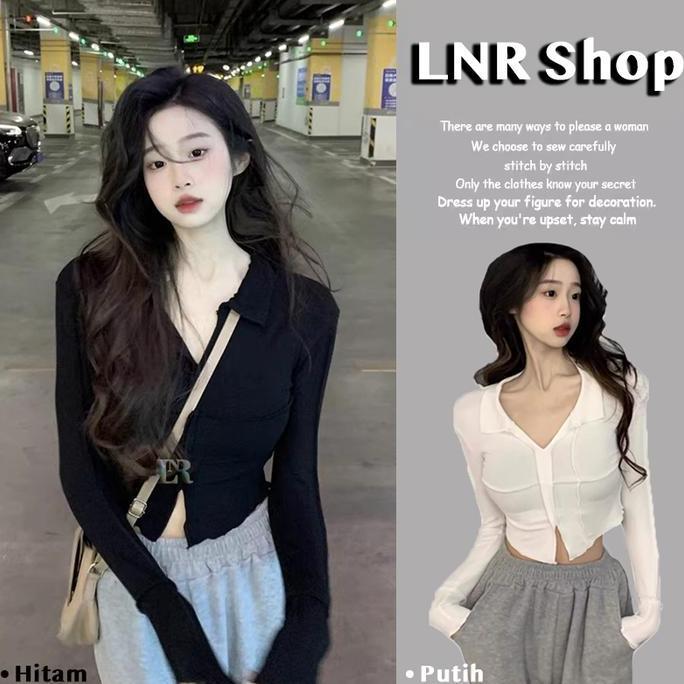 AZBOMO LNR Shop Crop Top Lengan Panjang Dengan Kerah Leher V Blouse Cardigan Atasan Kaus Kaos Seksi 