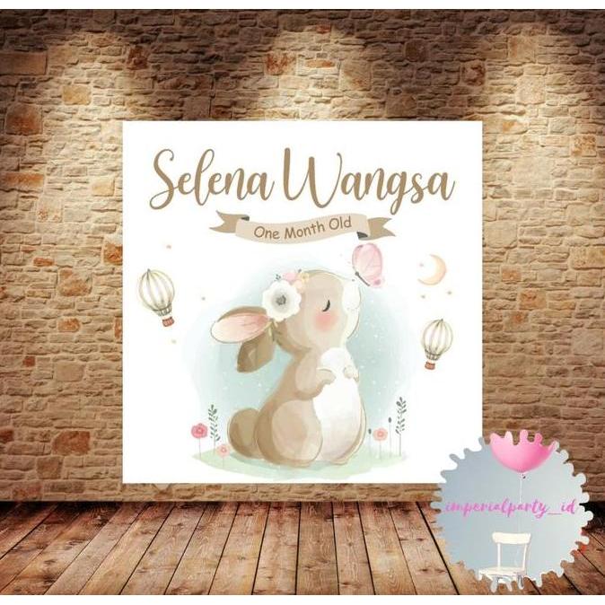 Ready  Custom Backdrop Banner Spanduk Happy Birthday One Month Rabbit Kelinci