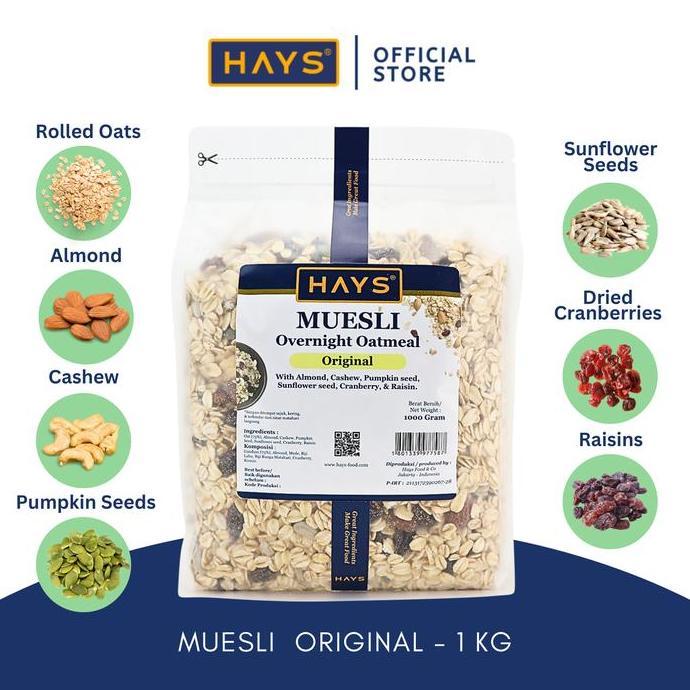 Xfood- Hays Muesli Overnight Oatmeal Original 1 Kg Nuts Seeds & Fruits 1000 G