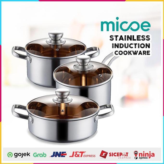 Cookware Pan Set Paket Panci Stainless Glass Lid Kompor Induksi Micoe