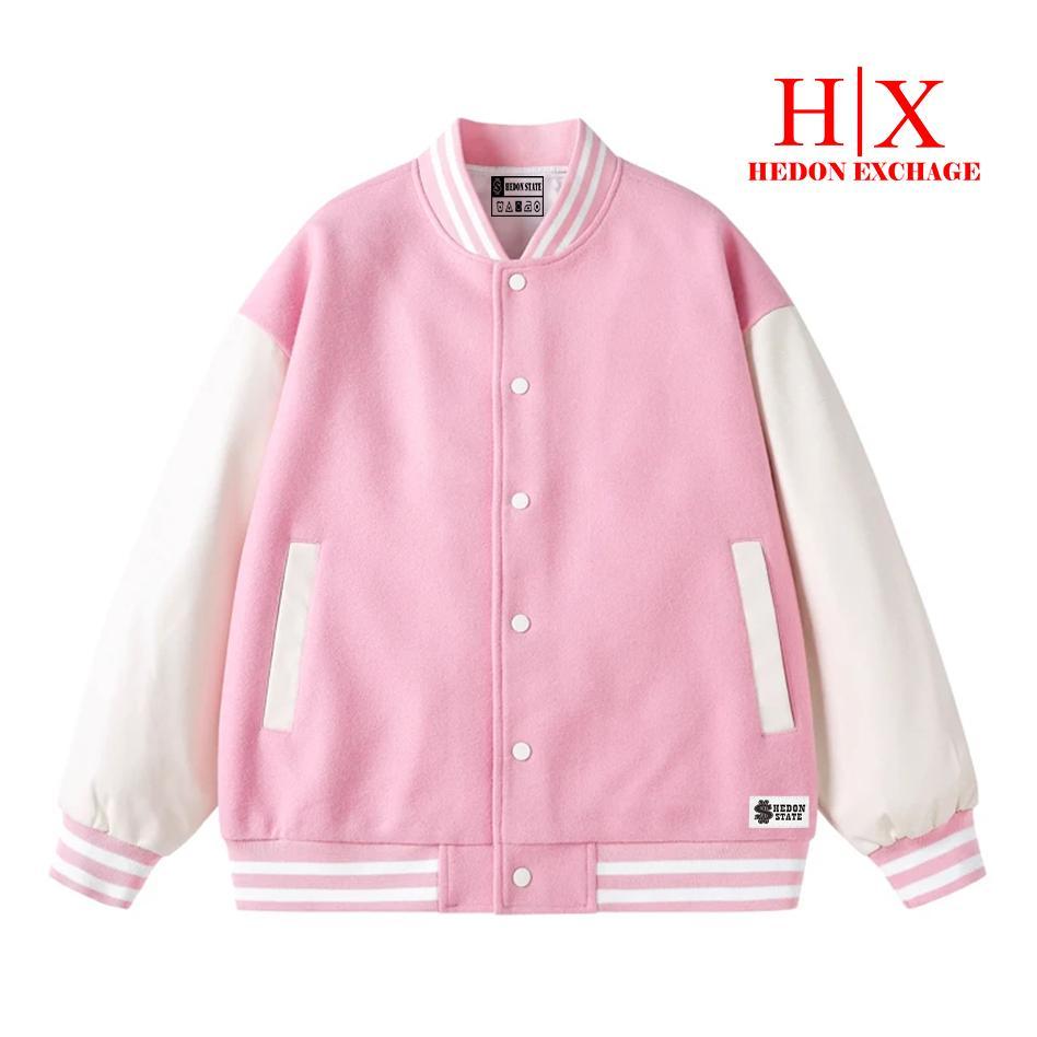 GARANSI HEDON STATE Jacket Varsity Baseball Kancing Polos Pink Putih Pria Wanita Unisex Kekinian 202