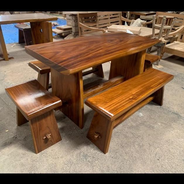 set meja makan kayu outdoor, meja makan kayu solid alami, meja cafe