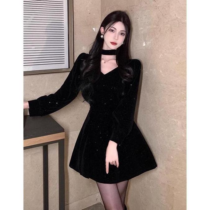 MALUKSHURE 1205 black dress elegant casual evening dress banquet party night club mini dress lengan 