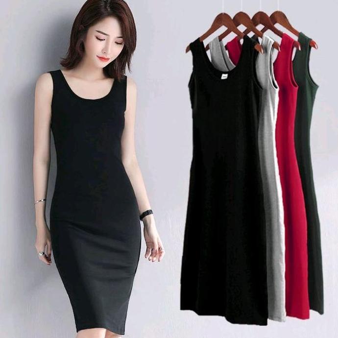 BRAVECOU LEEA Bodycon Dress Long Premium Rib - Dress Polos Wanita Panjang Tanpa Lengan Bahan Tebal S