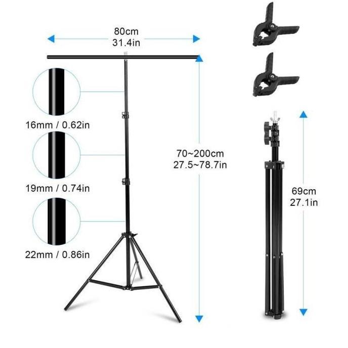 VEDORANAVA T-Shape 2 Clamp Tripod Stand Background Tiang Backdrop Green Screen