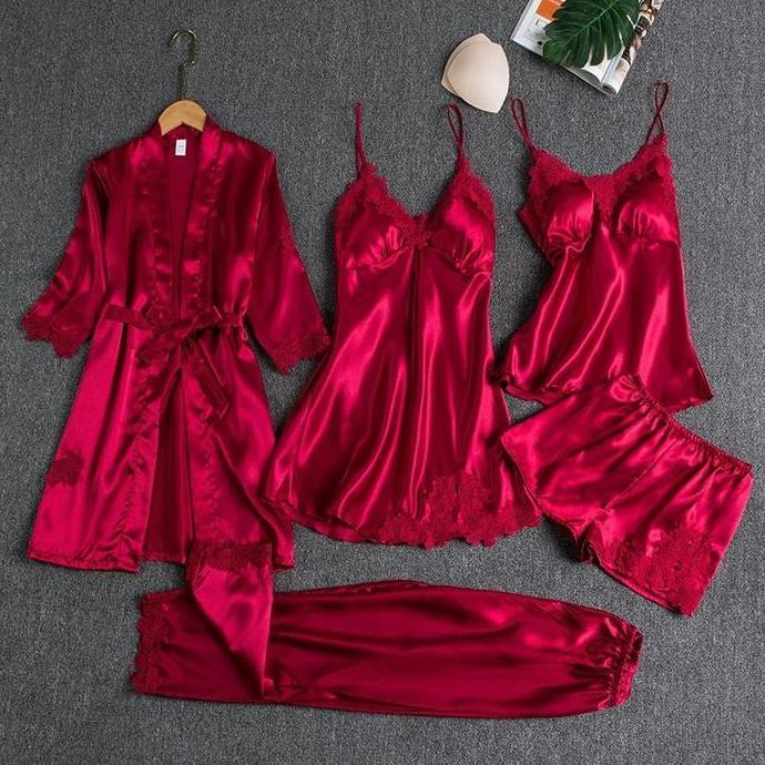FS BAJU TIDUR PIYAMA SET KIMONO 5 IN 1/ BAJU TIDUR LINGERIE SATIN WANITA / PIYAMA 2 IN 1 / PIYAMA 3 