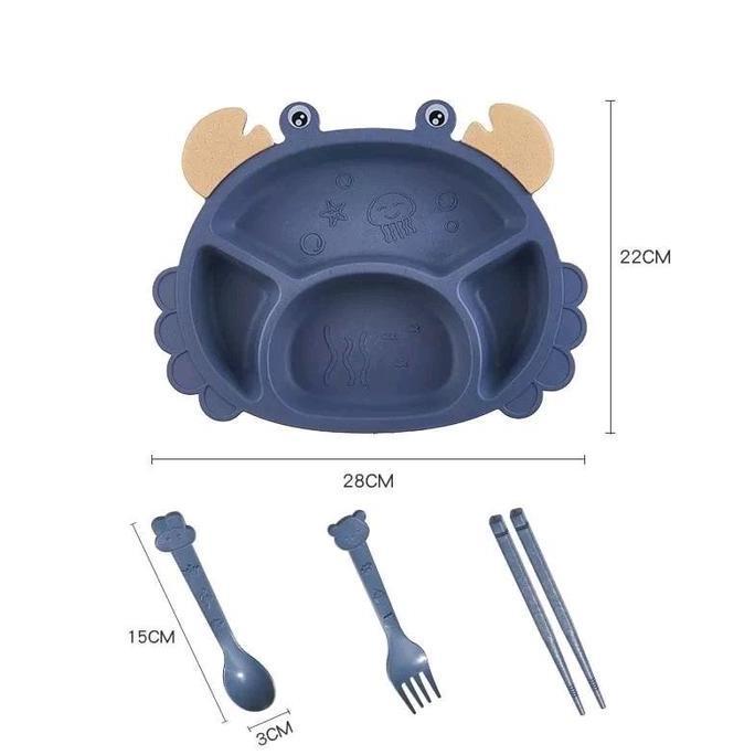 Ebyokurwa- Set Makan Piring Anak Karakter Kepiting Crabs Sendok Piring Sumpit Garpu Kitchenware