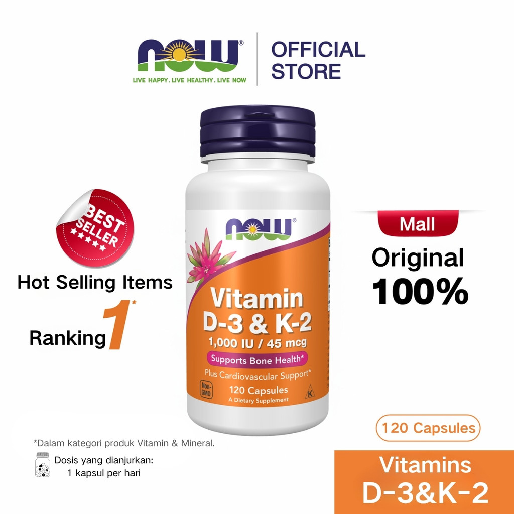 Now Vitamin D3 1000IU/K2 45mcg Vitamin D3 K2 Imunitas Tubuh Inflamasi Tulang dan Gigi 120 Capsules