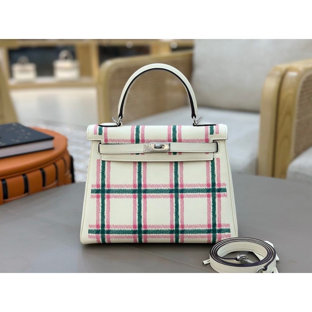 Limited Edition HM Kelly Retourne 25 "Tartan Light top-handle handbag pure handmade