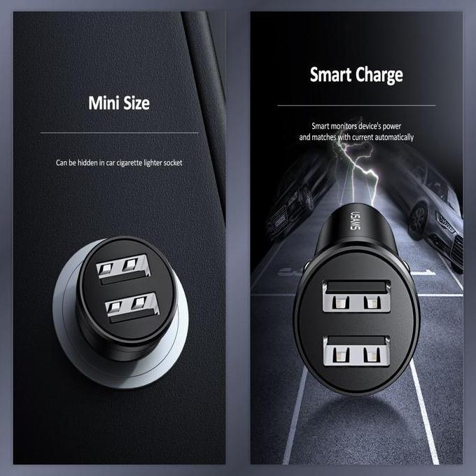 USAMS C20 ADAPTER CHARGER MOBIL DUAL USB MINI 2.4A CAR CHARGER