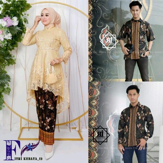 Setelan Pasangan Couple Kebaya Tunik Payet Brokat Tile Baju Sarimbit Kemeja Batik Pria Katun Keluarg