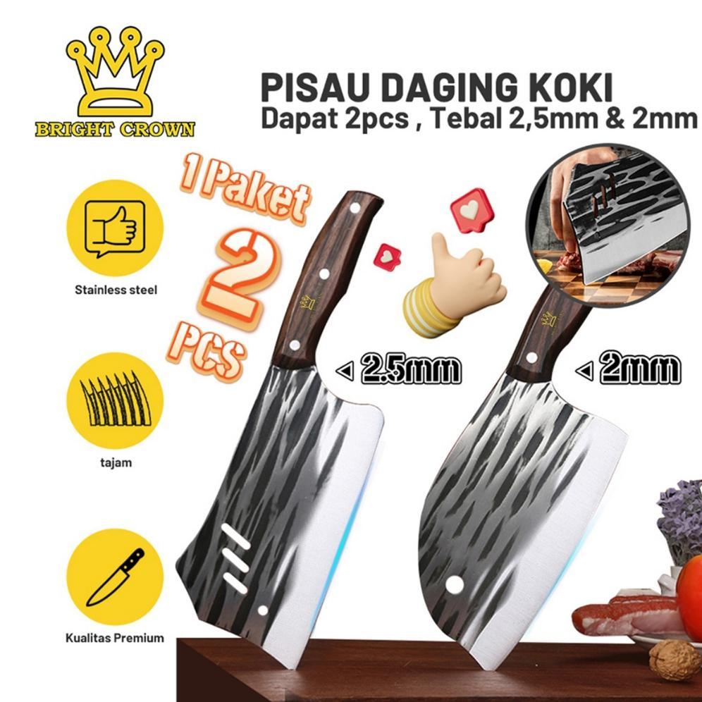Termurah / Hot Sale Bright Crown Set Pisau Koki Dapur Super Tajam Stainless Gagang Kayu / Golok Caca