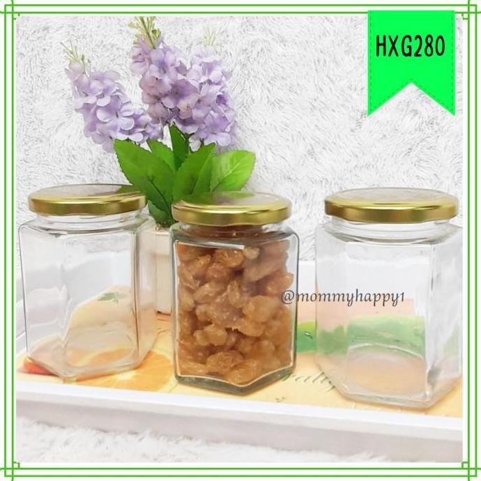 HXG280 | Jar / Botol / Toples Kaca Hexagonal 280-320 ml Tutup Gold