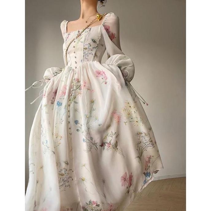Gown Chachu Dress Organza Midi Vintage Bodycon Putih Fairy Gaun Elegan Wanita Casual Pesta Baju Kond