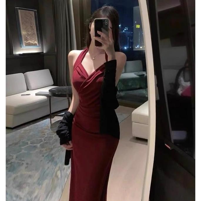 Kleid- 7828 Black Midi Dress Tanpa Lengan Gaun Tergantung Prom  Gaun Ketat Wanita Gaun Musim Panas P