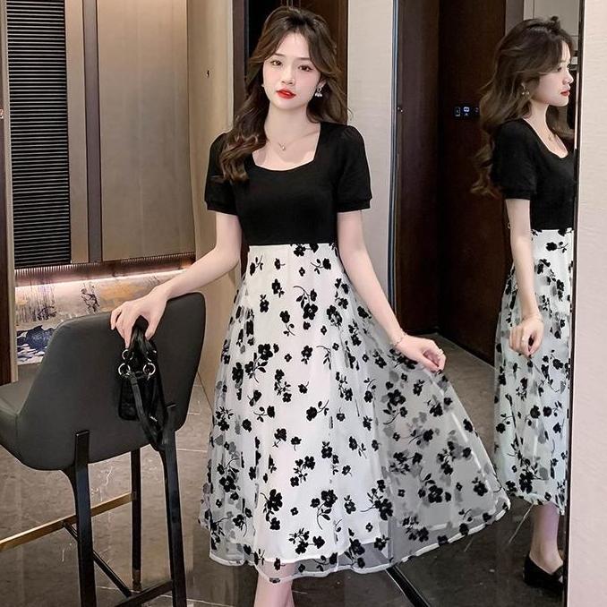 Kleid- 969 Long Dress Hitam Bunga Lengan Pendek Dress Wanita Kekinian Korea Style 2026 Gaun Pesta El
