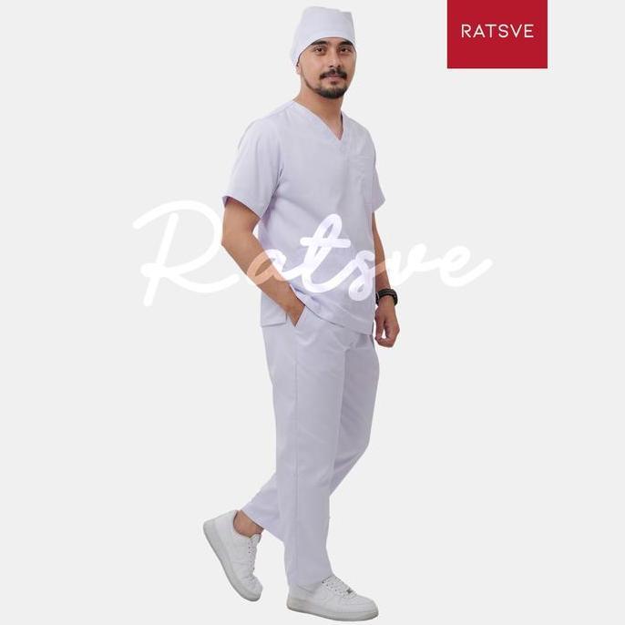 Baju Jaga Perawat / Setelan Baju OK Medis Lengan Pendek / Scrub Dokter Ratsve - Warna Putih AS