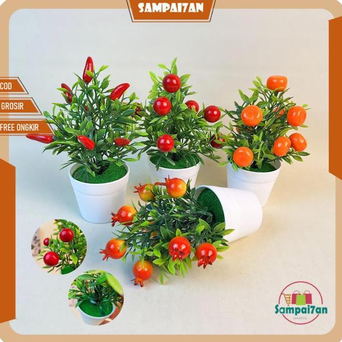 Tanaman Bunga Hias Plastik Imut Tanaman Artificial Buatan Dekorasi Sepaket Buah Cabe Hawberry Pot