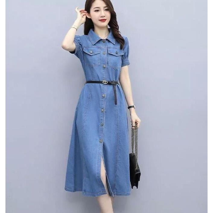 Hose- Dress Jeans Wanita Lengan Pendek / Long Tunik Jeans Wanita Lengan Pendek ( Free Belt ) Casual 
