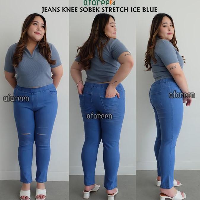 Hose- Afareen - Jeans Pinggang Karet Jumbo Ripped Celana Jeans Sobek Wanita Knee Legging Jeans Jumbo