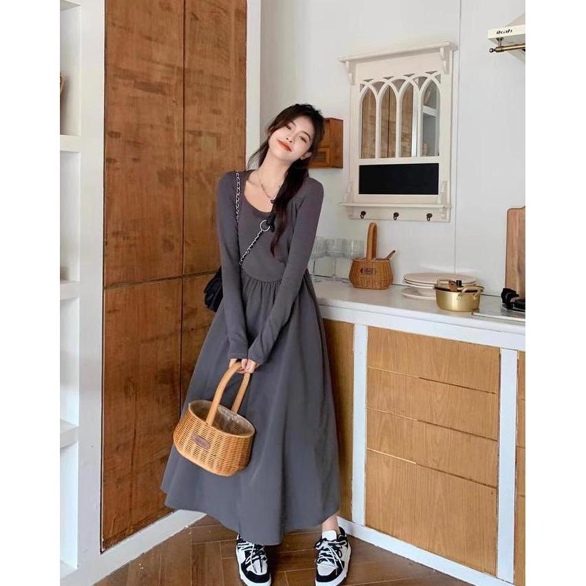 Long Dress Kasual Hijab Friendly Lengan Panjang Slim Fit, Gaya Simple Elegan Dress Retro Dress Chic 
