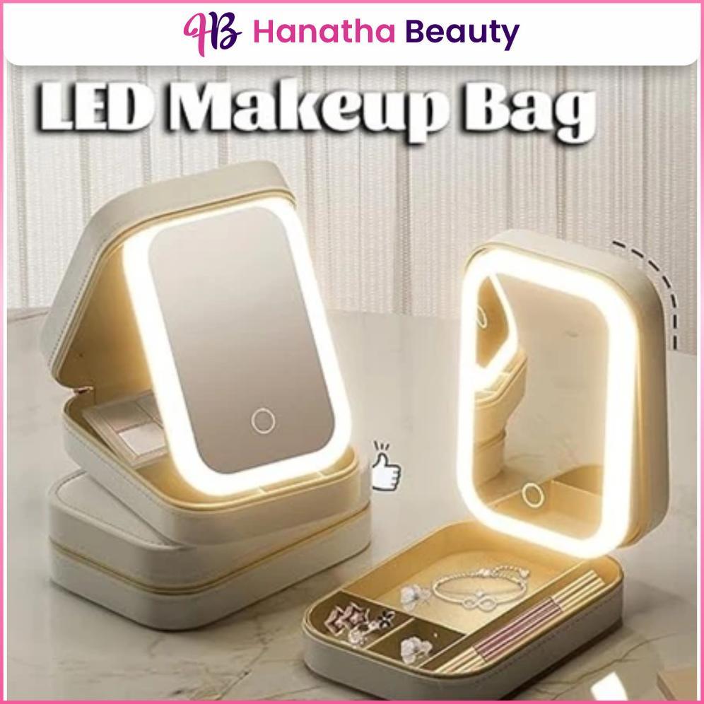 Tas Makeup Lampu 3 Warna Lampu Rias Mini Lipat Makeup Beauty Case Full Mirror Tas Makeup Lampu LED