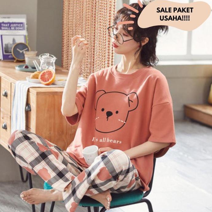 INDRIPIYAMA PAKET USAHA Baju Tidur Wanita Piyama Korea Lengan Pendek Celana Panjang Setelan Tidur Mu