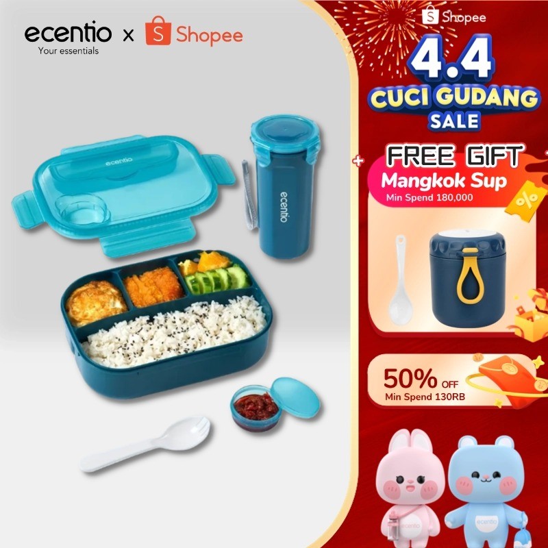 ecentio lunch box anti tumpah 1200ml & botol 500ml tempat makan tempat bekal makan tempat makan anak