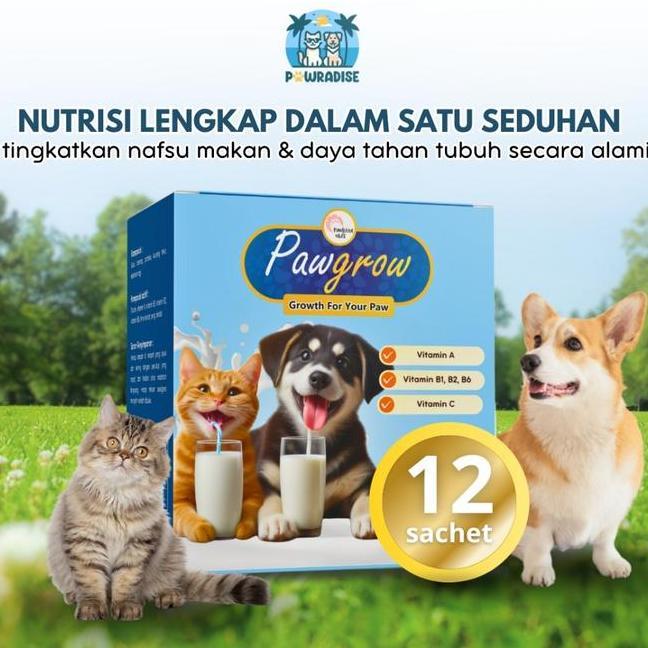 Pawgrow Susu Bubuk Formula Untuk Anjing Kucing Paket Box Isi 12 Sachet Goat Milk Powder Susu Bubuk M