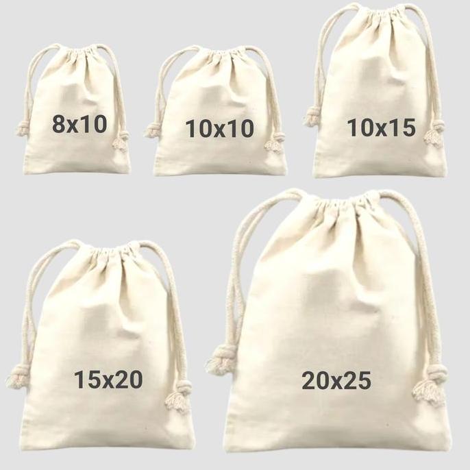 Ready Kantong Pouch Serut Kain Blacu Tebal Polos Tempat Souvenir Serbaguna