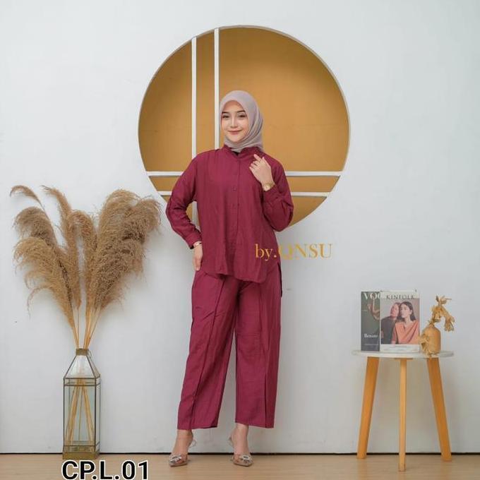 Clara Baju Atasan Setelan Celana Kulot Dewasa One Set Wanita Polo Linen Muslim Panjang