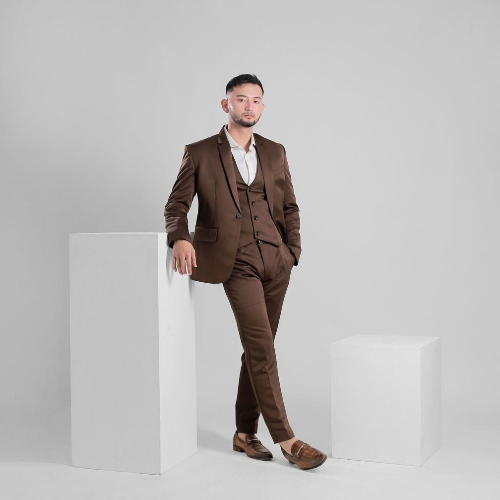 Goldy Outfit Setelan Jas Celana & Rompi Coklat - Peaky Premium